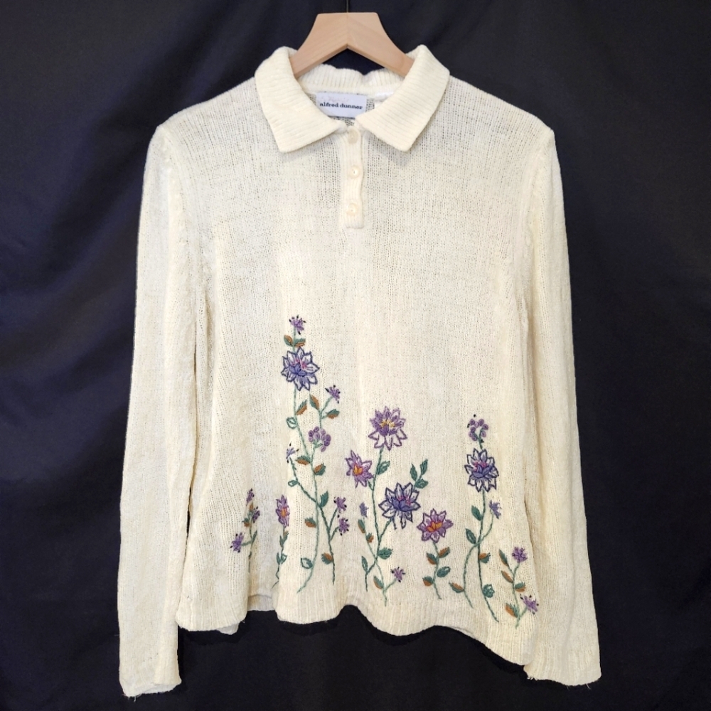 VTG Velour Collared Womens Sweater Size M Purple Floral Cottage Grandma Retro
